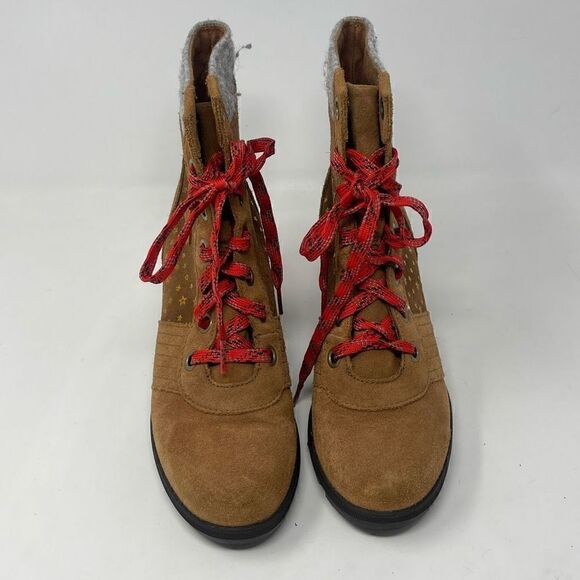Sorel Brown Gold Star Red Lace Up Sorel Lexie Wedge Boots Size 5 - Picture 3 of 6